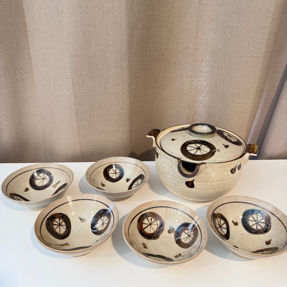 Japanese Otagiri Pottery Lidded Soup Tureen and 5 Bowl Set Speckled Stoneware